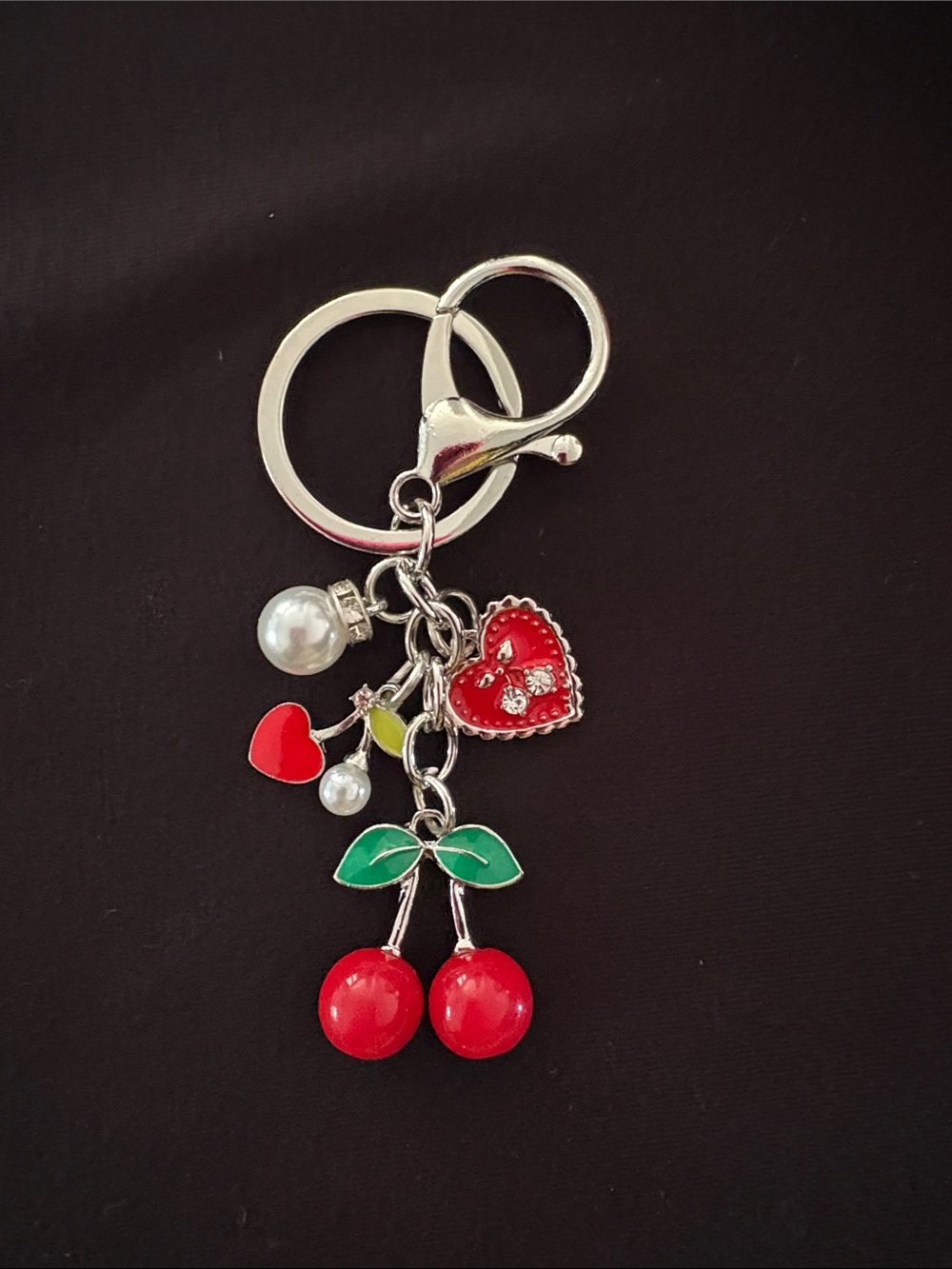 Cute Red Cherry & Heart Keychain Bag Charm with Pearls